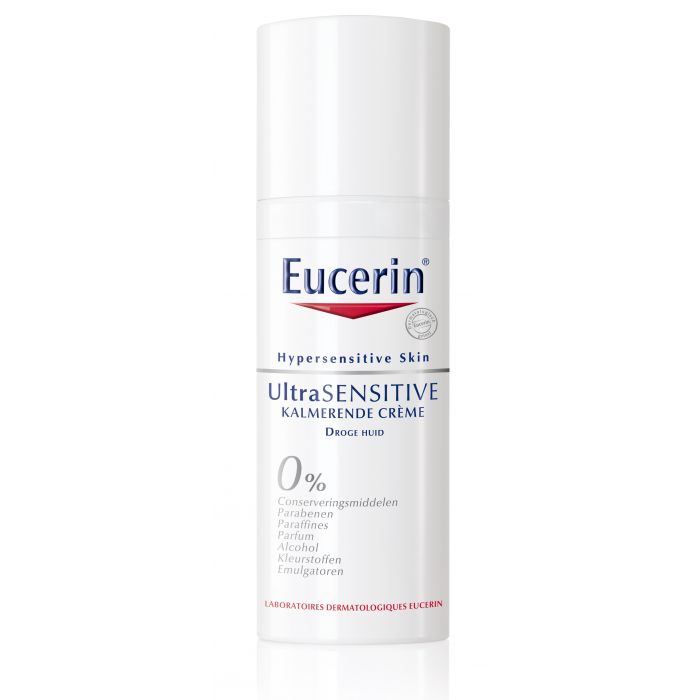 Eucerin UltraSENSITIVE Gezichtsrème die kalmeert voor de Droge huid wordt aanbevolen voor de overgevoelige huid waar het belangrijkste symptoom een onaangename huid is met een brandend, stekend gevoel of jeuk, maar zonder zichtbare tekenen van roodheid.