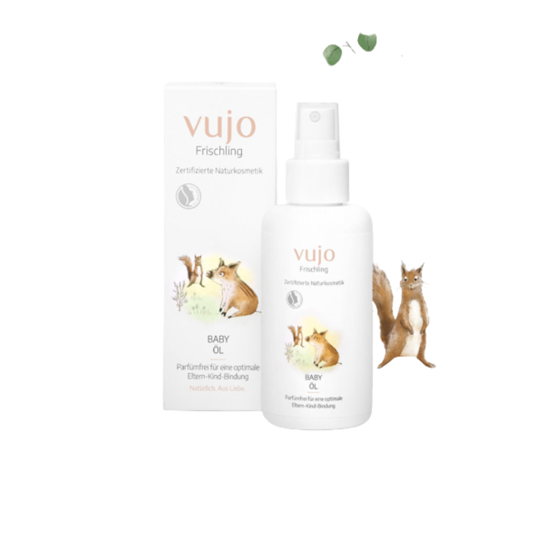 Verwen de huid van je baby met Vujo Frischling Baby olie. Deze milde olie beschermt, verzorgt en hydrateert de huid, zonder schadelijke stoffen. Ontwikkeld en getest door dermatoloog prof.dr. med. Rolf-Markus Szeimies.